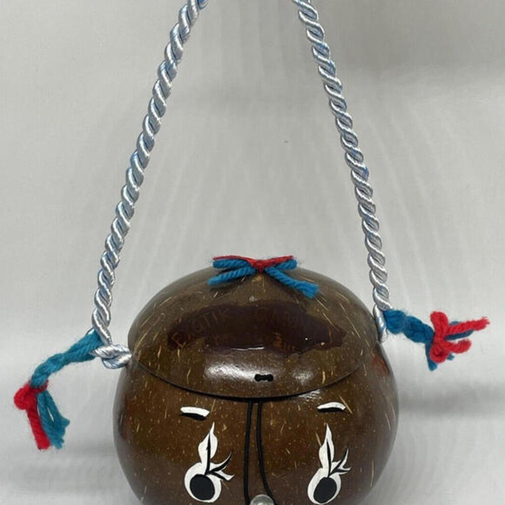 Vintage Hand Painted‎ Coconut Shell Face Purse Tiki Kitsch Folk Art Handbag